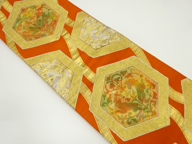 アンティーク　よろけ縞に亀甲・向かい動物模様織り出し袋帯（材料）